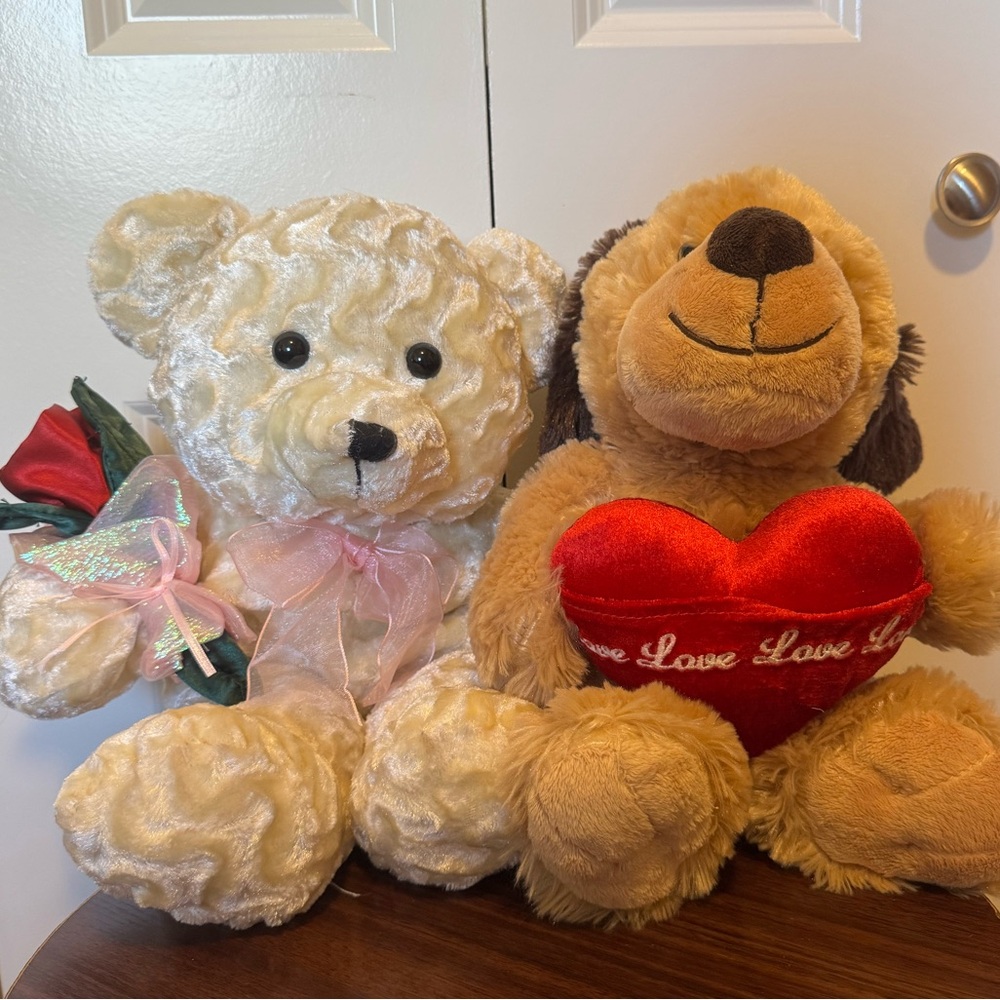 Valentine Plush Set‎ Bear with Rose + Puppy with I Love You Heart 10" Seated